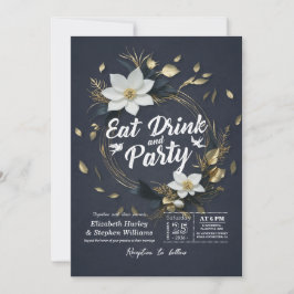 White Gold Floral Wreath EAT Drink & Party Hochzei Einladung