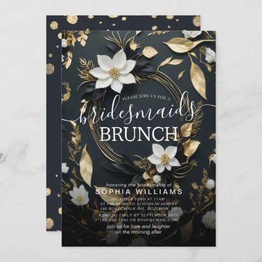 White Gold Floral Wreath Wedding Bridesmaid Brunch Einladung (Vorne/Hinten)