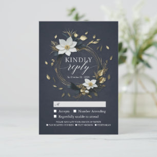 White Gold Floral Wreath Wedding RSVP Kindly Antwo Karte