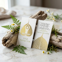 White & Gold Foil Bodhi Leaf Yoga Meditation Pose Visitenkarte