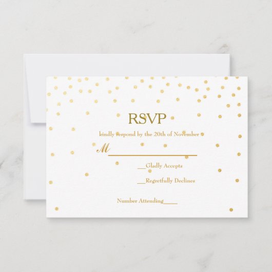 White & Gold Foil Confetti Dots Wedding RSVP Card Karte (Vorderseite)