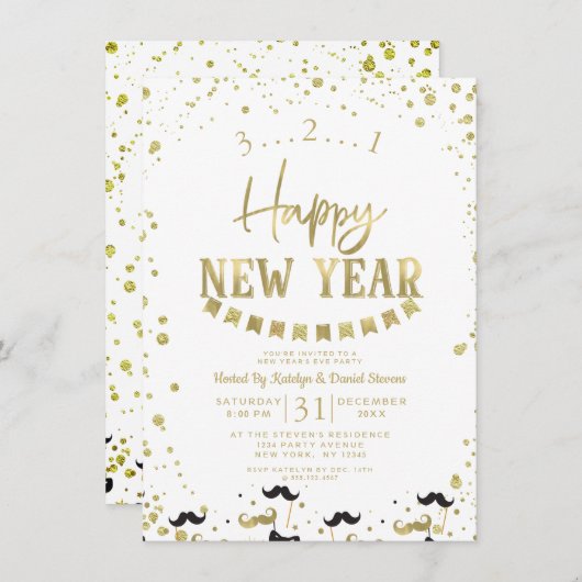 White & Gold Foil Confetti Silvester Party Einladung (Vorne/Hinten)