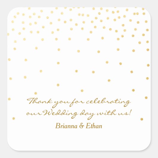 White & Gold Foil Dots Moderne Hochzeitskleber Quadratischer Aufkleber (Vorderseite)