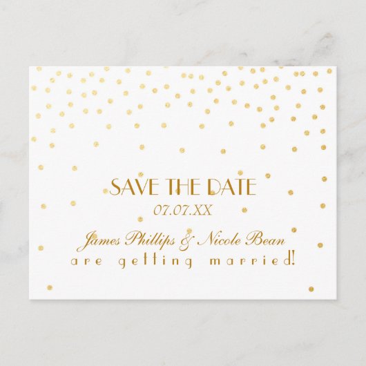 White & Gold Foil Dots Save the Date Postcard Ankündigungspostkarte (Vorderseite)
