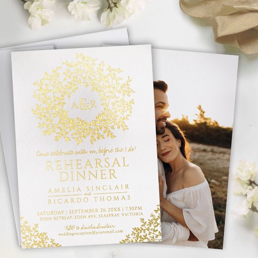 White gold foil monogram rehearsal dinner folieneinladung