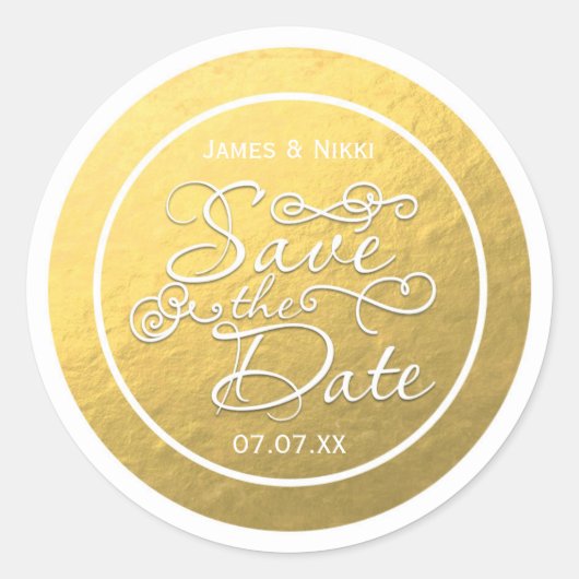 White & Gold Foil SAVE THE DATE Hochzeitsticker Runder Aufkleber (Vorderseite)