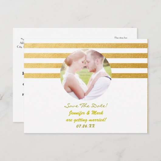 White & Gold Foil Streifen Rett Date FOTO Postkart Ankündigungspostkarte (Vorne/Hinten)