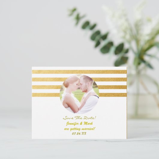 White & Gold Foil Streifen Rett Date FOTO Postkart Ankündigungspostkarte (Stehend Vorderseite)
