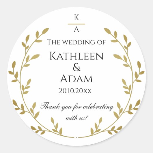 White & Gold Foliage Monogram Wedding Verlobung Runder Aufkleber (Vorderseite)