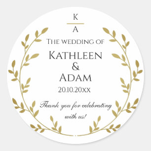 White & Gold Foliage Monogram Wedding Verlobung Runder Aufkleber