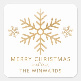 White & Gold Fossil Weihnachten Schneeflocke Quadratischer Aufkleber