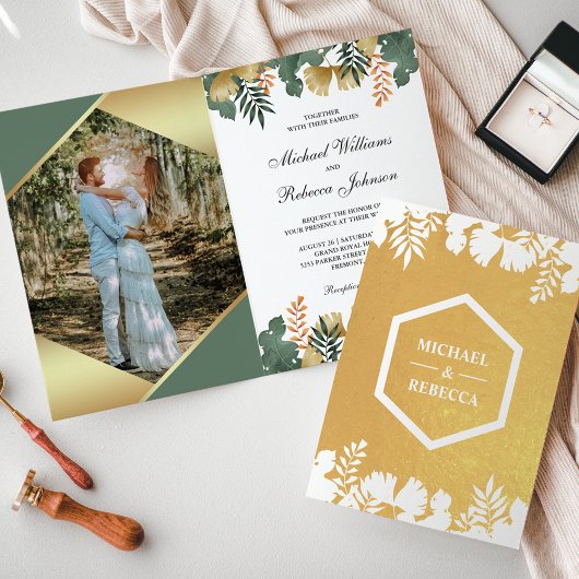 White Gold Geometric Tropical Foto Wedding Folienkarte