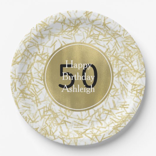 White Gold Glam Confetti 50. Geburtstag Pappteller (Vorderseite)
