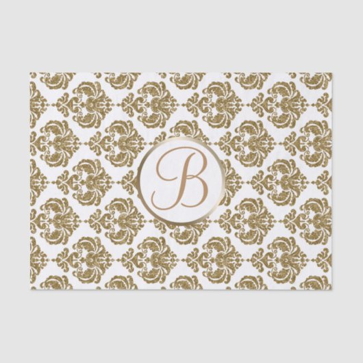 White Gold Glam Damask Monogram Letter Initial Seidenpapier (Vorderseite)