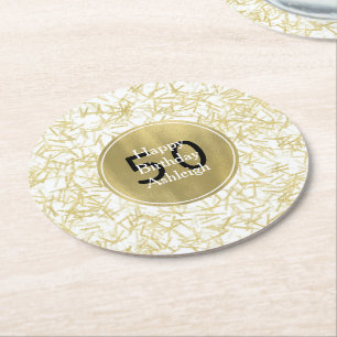 White Gold Glam Konfetti 50. Geburtstag Runder Pappuntersetzer