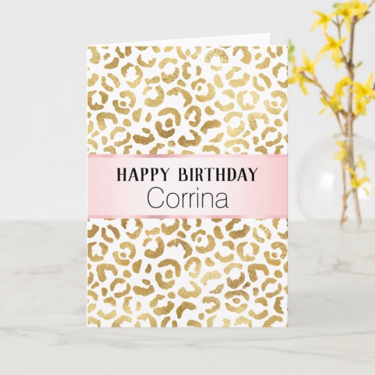 White Gold Glam Leopard Print Karte (Gelbe Blume)