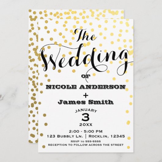 White & Gold Glamour Confetti Foil WEDING Einladung (Vorne/Hinten)