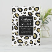 White Gold Glitzer & Black Leopard Baby Dusche Einladung (Stehend Vorderseite)