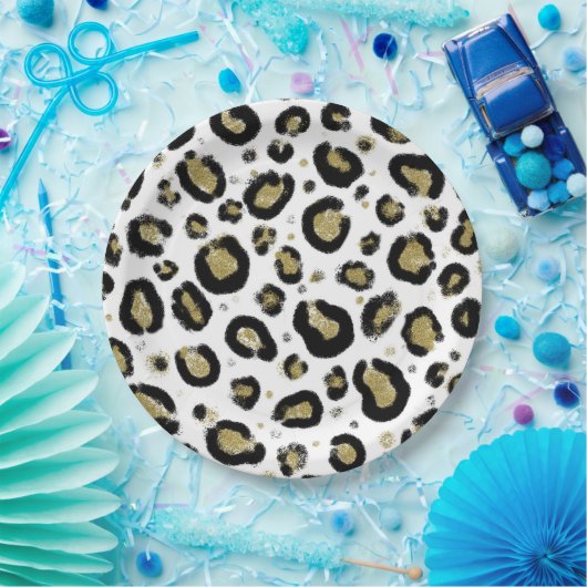 White Gold Glitzer & Black Leopard Cheetah Print Pappteller (Party)
