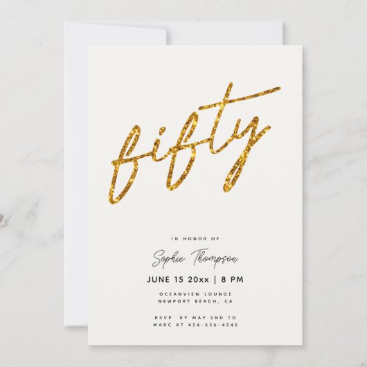 White Gold Glitzer Calligraphy Elegant 50 Geburtst Einladung (Vorderseite)