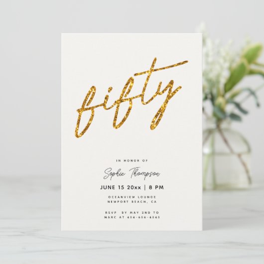 White Gold Glitzer Calligraphy Elegant 50 Geburtst Einladung (Stehend Vorderseite)