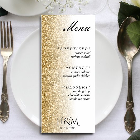 White & Gold Glitzer Dinner Hochzeitsempfang Menükarte