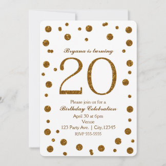 White & Gold Glitzer Dots 20. Geburtstagsparty Einladung