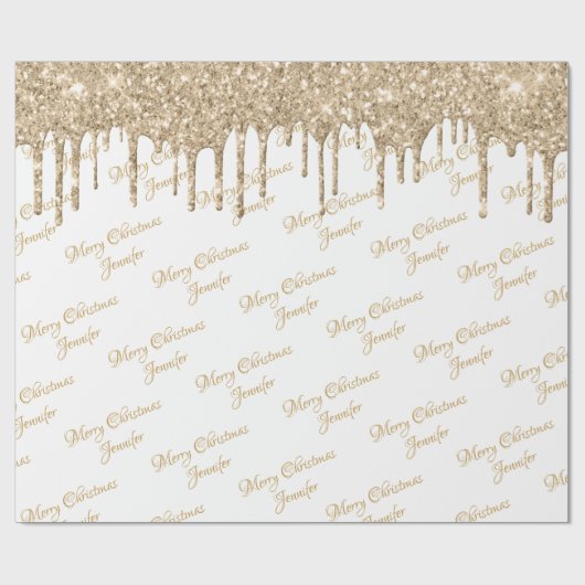 White Gold Glitzer Drilling Christmas Name Script Geschenkpapier (Flach)