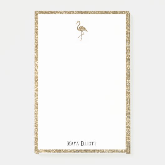 White + Gold Glitzer Flamingo & Border mit Name Post-it Klebezettel (Vorderseite)