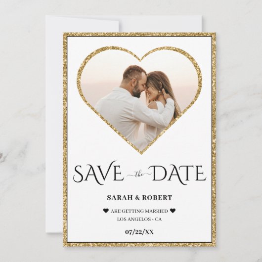 White & Gold Glitzer Heart Foto Hochzeit Save The Date (Vorderseite)