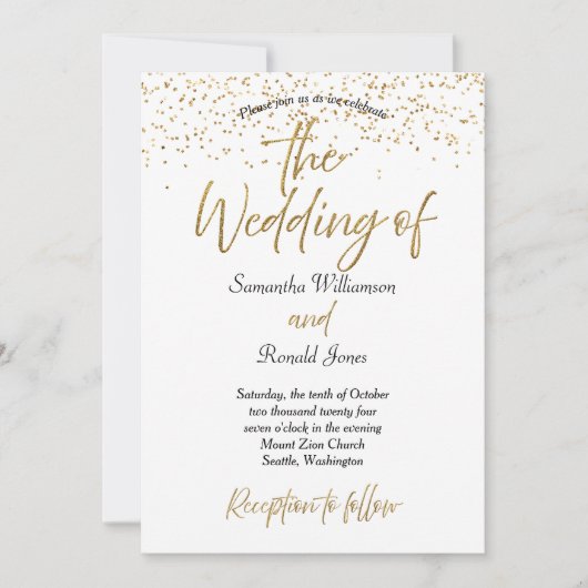 White & Gold Glitzer Hochzeit Einladung (Vorderseite)