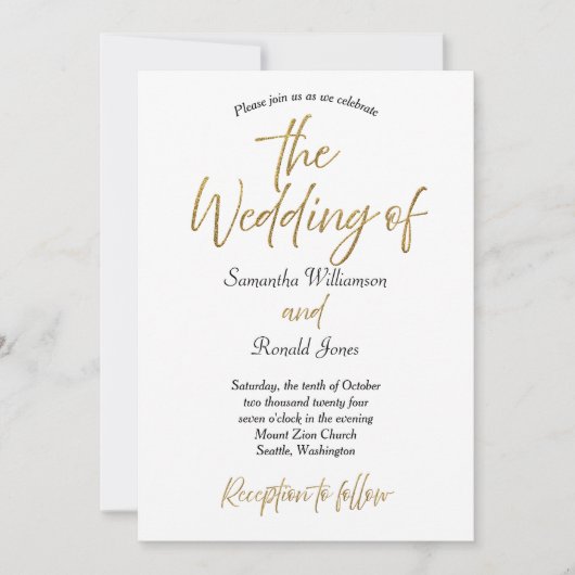 White Gold Glitzer Minimalistisch Calligrafy Weddi Einladung (Vorderseite)