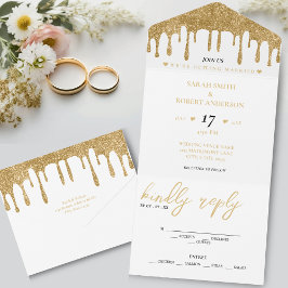 White & Gold Glitzer Tropfen Hochzeit All In One Einladung