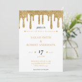 White & Gold Glitzer Tropfen Hochzeit Einladung (Stehend Vorderseite)