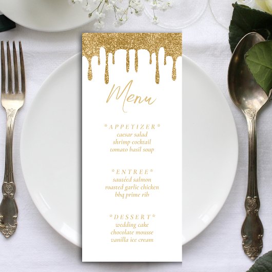 White & Gold Glitzer Tropfen Hochzeitsempfang Menükarte