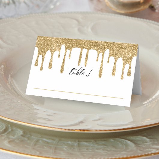 White & Gold Glitzer Tropfen Hochzeitsempfang Platzkarte
