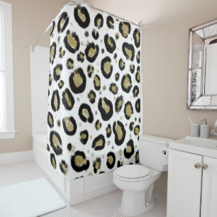 White Gold Glitzer und Black Leopard Cheetah Print Duschvorhang