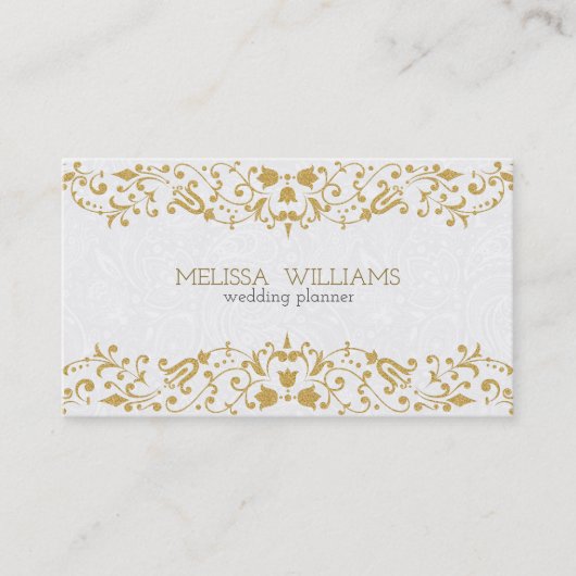 White & Gold Glitzer Vintage Wirbel Visitenkarte (Vorderseite)