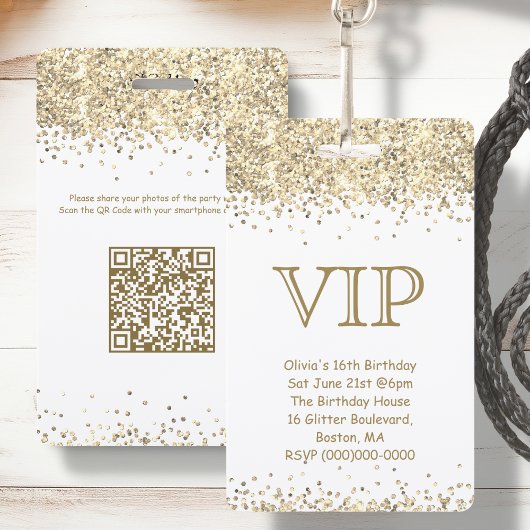 White & Gold Glitzer | VIP Einladung zum Geburtsta Ausweis
