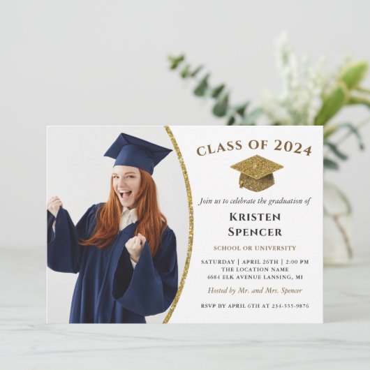 White Gold Graduate Foto Frame Graduation Party Einladung (Stehend Vorderseite)