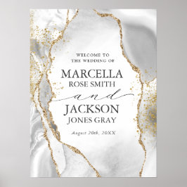 White, Gold & Gray Mist Agate Wedding Poster
