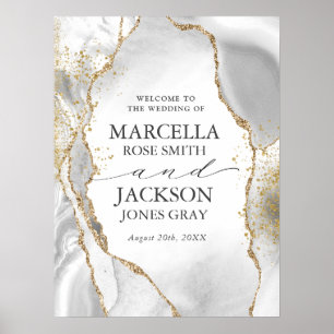 White, Gold & Gray Mist Agate Wedding Poster