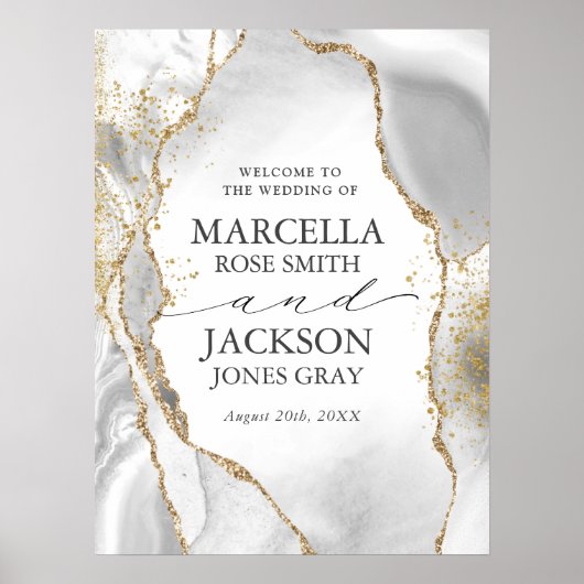 White, Gold & Gray Mist Agate Wedding Poster (Vorne)