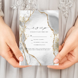 White, Gold & Gray Mist Agate Wedding RSVP Einladung