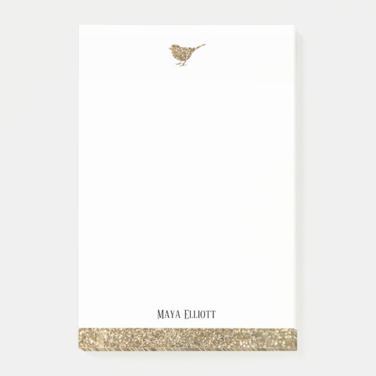 White & Gold Imitate Glitzer Bird & Border, Name Post-it Klebezettel (Vorderseite)