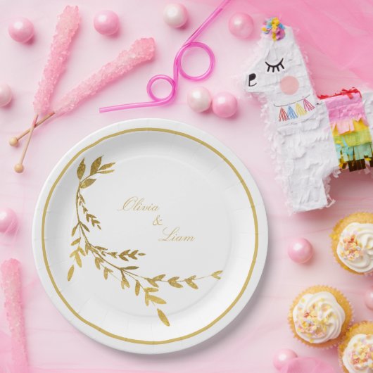 White Gold Leaf Elegant Name Script Hochzeit Pappteller (Party)