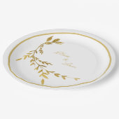 White Gold Leaf Elegant Name Script Hochzeit Pappteller (Schrägansicht)