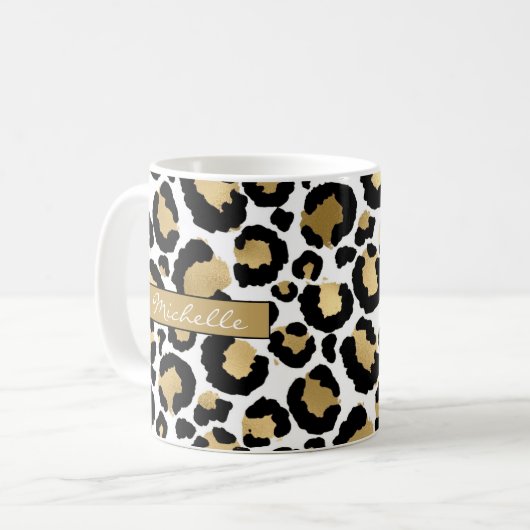 White & Gold Leopard Personalisierte Kaffee-Tasse Kaffeetasse (Vorderseite Links)