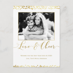 White & Gold LIEBE & CHEER Modernes New Years Foto Feiertagspostkarte