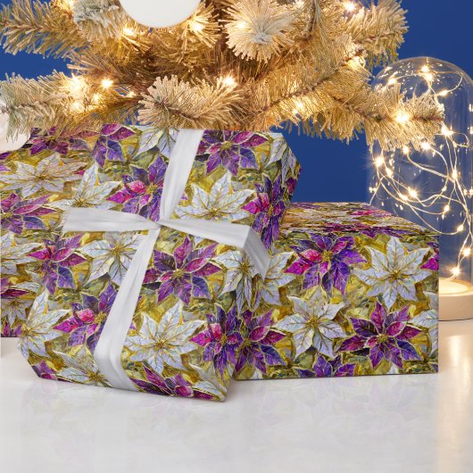White Gold Lila Pink Christmas Poinsettias Geschenkpapier (Feiertage)